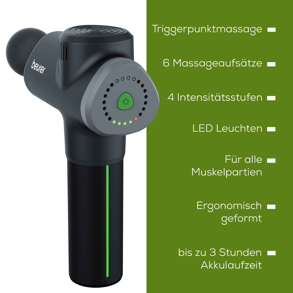 Image of a black handheld Beurer muscle massage device MG 180 Massage Gun by Beurer GmbH, featuring the "Beurer" logo. The functions listed on the right in German include: trigger point massage, 6 massage attachments, 4 intensity levels, LED lights, suitable for all muscles, ergonomically shaped design, and up to 3 hours of battery life.