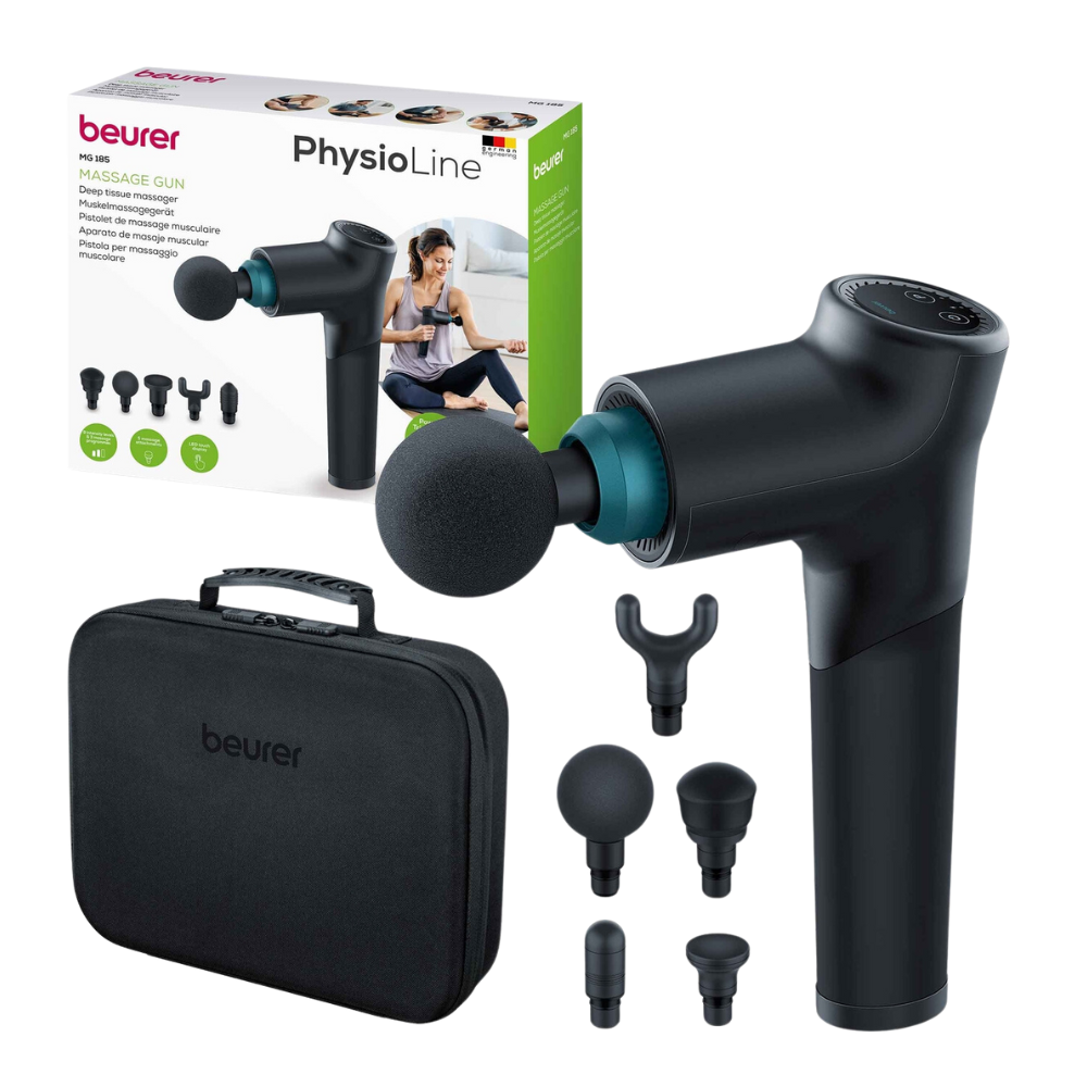 Displayed is a Beurer muscle massage device MG 185 Massage Gun from Beurer GmbH with five interchangeable heads and a black carrying case for ultimate muscle relaxation. The product packaging shows the massage gun and a person using it on their arm.