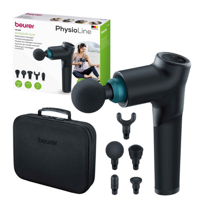 Displayed is a Beurer muscle massage device MG 185 Massage Gun from Beurer GmbH with five interchangeable heads and a black carrying case for ultimate muscle relaxation. The product packaging shows the massage gun and a person using it on their arm.