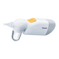 The white-yellow Beurer Nasal Aspirator NA 20 from Beurer GmbH features a transparent "beurer" collection chamber and a curved nozzle for gentle nasal cleaning, ideal for babies.