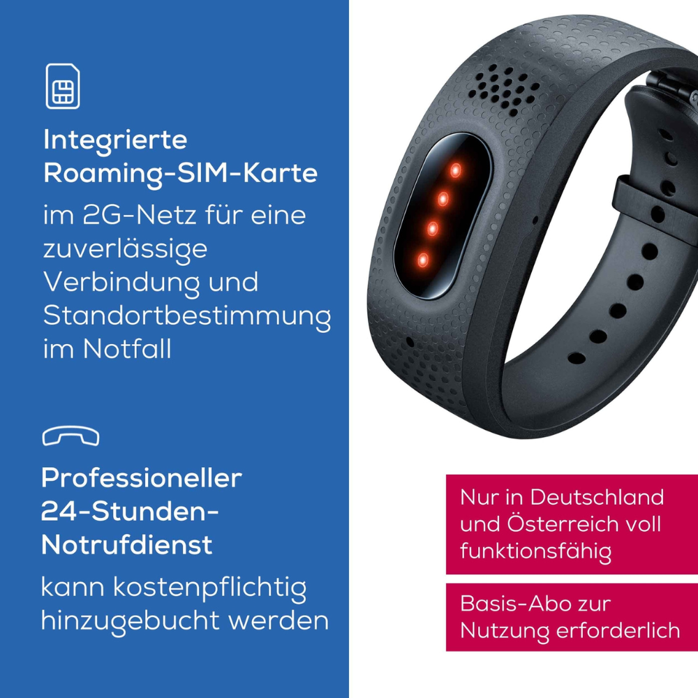 Nahaufnahme des schwarzen Beurer Notfallarmbandes EC 70 SafePlus der Beurer GmbH mit LED-Anzeige, daneben ein deutscher Text mit Funktionen wie Notruffunktion, automatische Sturzerkennung, Roaming-SIM-Karte und Service in Deutschland und Österreich.