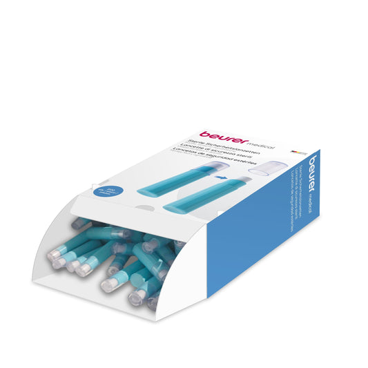 Eine Schachtel mit sterilen, flexiblen Schutzhüllen für digitale Thermometer zum Einmalgebrauch von Beurer GmbH. Die Verpackung ist blau und weiß und zeigt das Produkt, das hauptsächlich aquamarinfarben ist und weiße Spitzen hat.