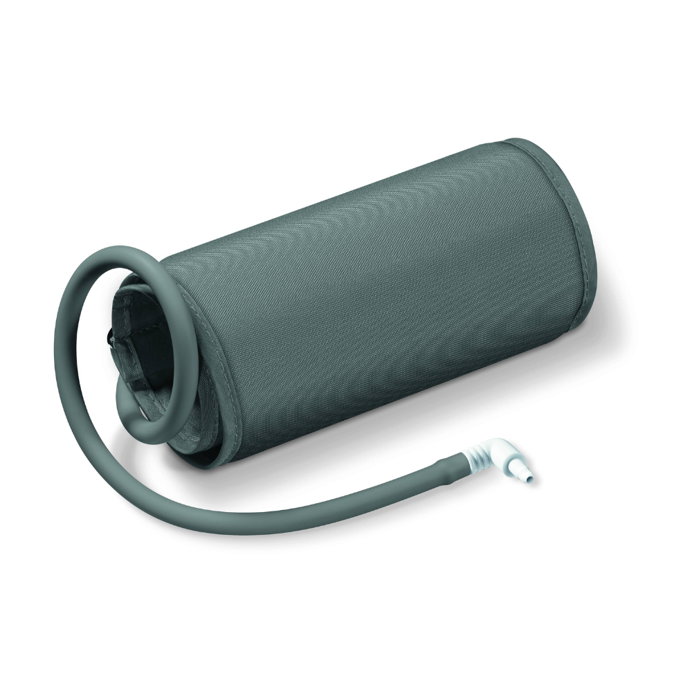An image of a Beurer standard cuff for blood pressure monitor BM 96 by Beurer GmbH, featuring a gray cylindrical blood pressure cuff with an attached rubber tube and connector. The cuff is rolled up and the tube is partially wrapped around it. The connector at the end of the tube, intended for connection to a blood pressure monitor, is visible.