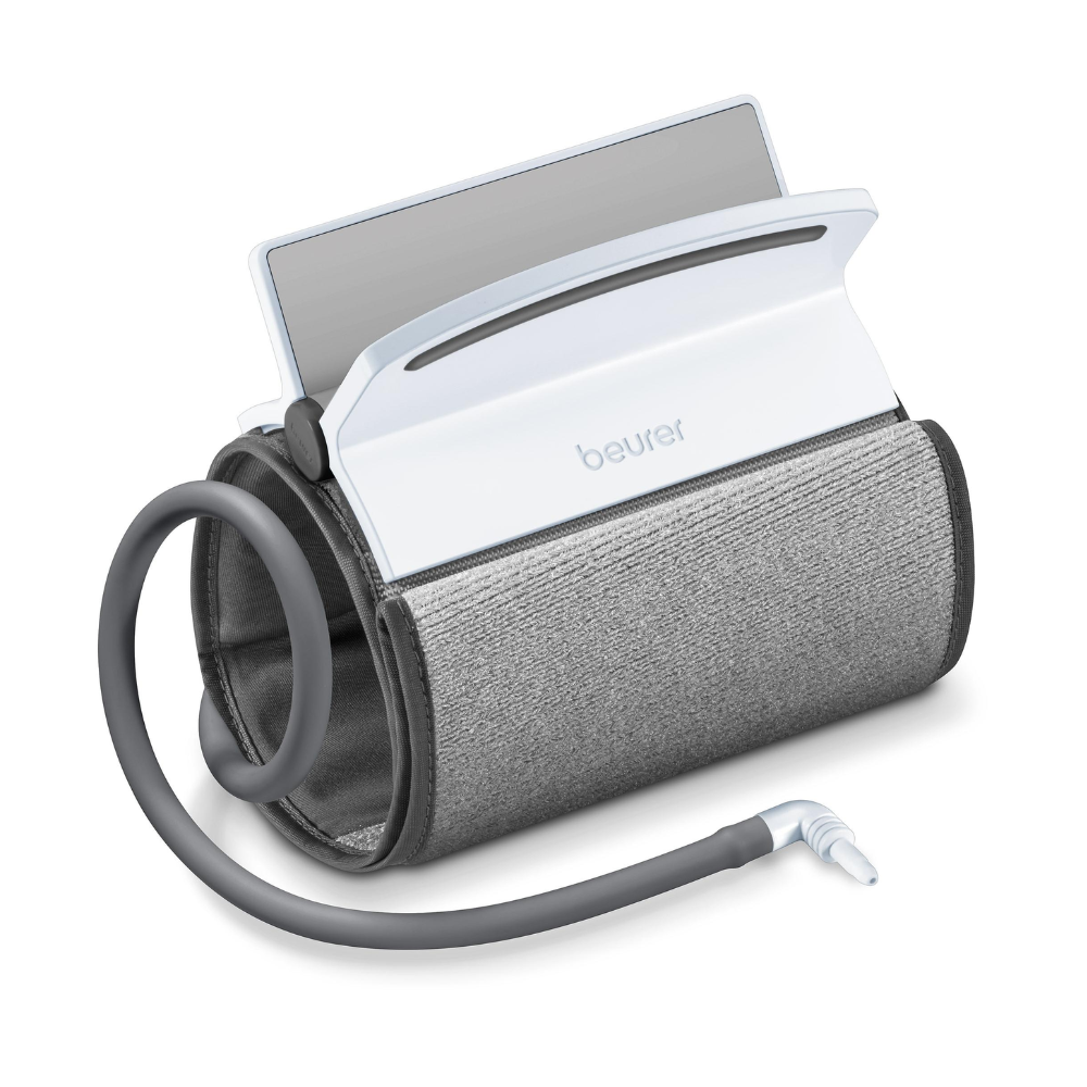 A rolled-up Beurer universal cuff for blood pressure monitor BM 51 cuff with attached white digital monitor. A flexible tube extends from the universal cuff, ending in a connector piece intended for connection to a measuring device. The slightly angled monitor screen is partially visible. Suitable for upper arm circumferences of 22 - 42 cm.