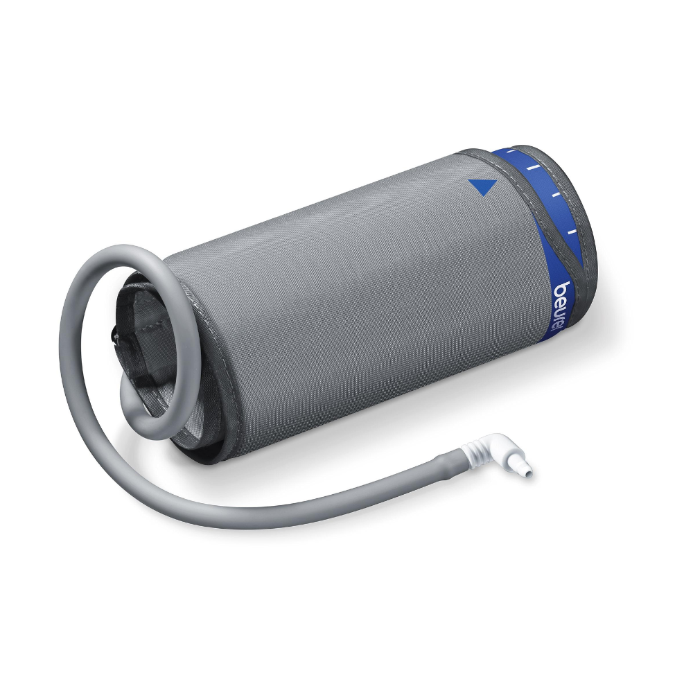Pictured is a gray, cylindrical blood pressure cuff with Velcro closure and an attached gray tube. The Beurer universal cuff for blood pressure monitor BM 55, BM 85 from Beurer GmbH has a blue border with white markings and a small, angled connector at the end of the tube, designed for easy attachment to the BM 55 blood pressure monitor.