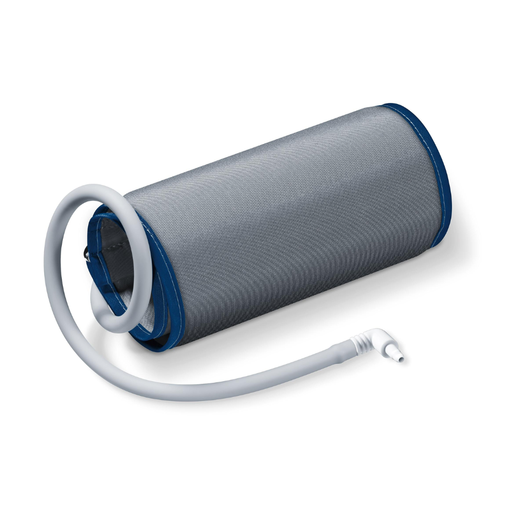 Pictured is a universal cuff from Beurer GmbH (BM 27, BM 28), gray and blue, with an attached white tube and connector, on a white background.