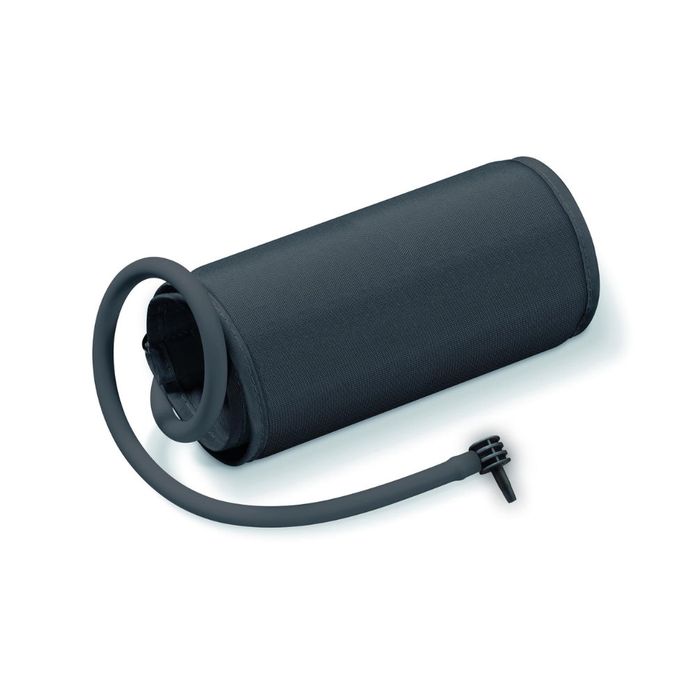 The Beurer XL cuff for blood pressure monitor BM 26, BM 40 of the Beurer GmbH is a black cylindrical arm cuff with an attached rubber hose and plug connection. The hose is loosely wrapped around the cuff, giving the entire device an elegant, professional appearance. This product is typically used with the blood pressure monitor BM 26.