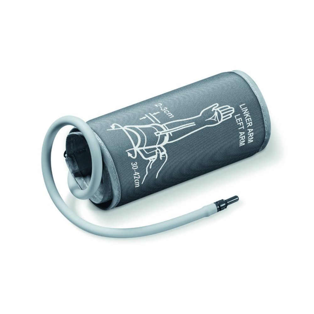 A rolled-up Beurer GmbH XL cuff (discontinued item) for blood pressure monitor BM 44, BM 47, with tube, labeled for use on the left arm. An illustration shows the correct placement on the upper arm; suitable for arms from 30-42 cm. The package contains 1 piece.