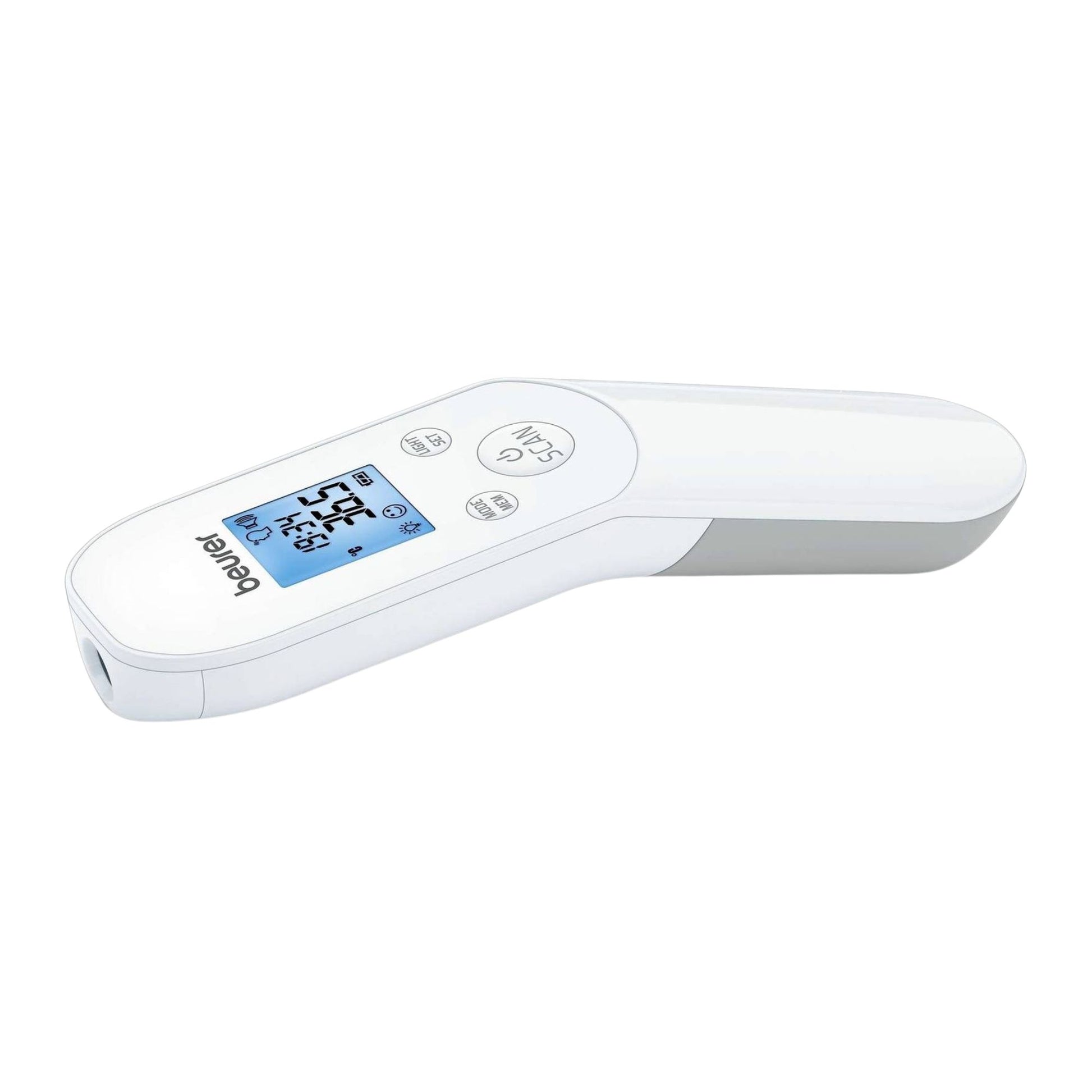 Satz mit Ersatz: Das kontaktlose Fieberthermometer FT 85 von Beurer zeigt auf seinem Bildschirm eine Temperatur von 36,5 Grad Celsius an, isoliert auf einem weißen Hintergrund.