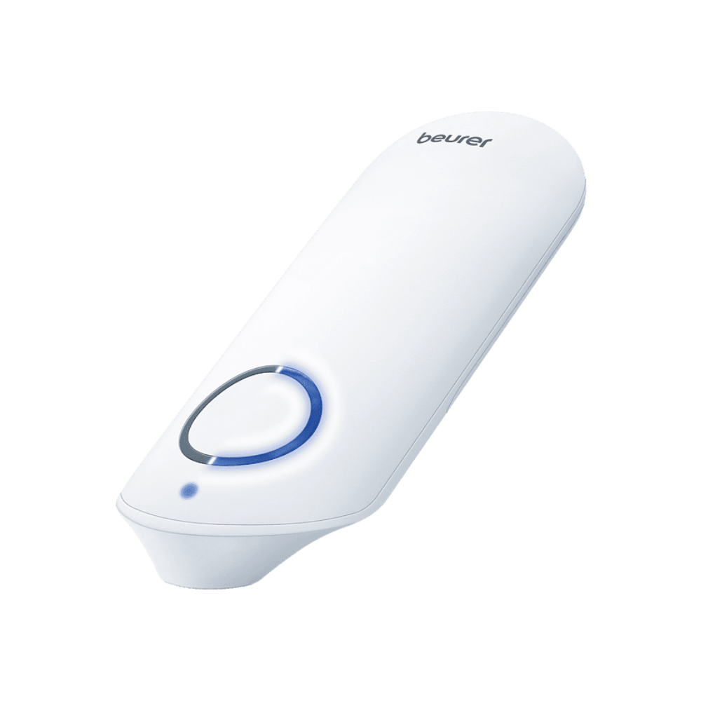 The Beurer medel® stick insect bite healer (1 piece) from Beurer GmbH is a white, handy device with a blue button and control light for effectively relieving itching and treating insect bites.