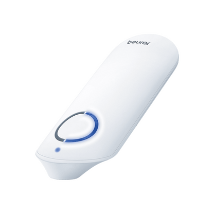 The Beurer medel® stick insect bite healer (1 piece) from Beurer GmbH is a white, handy device with a blue button and control light for effectively relieving itching and treating insect bites.