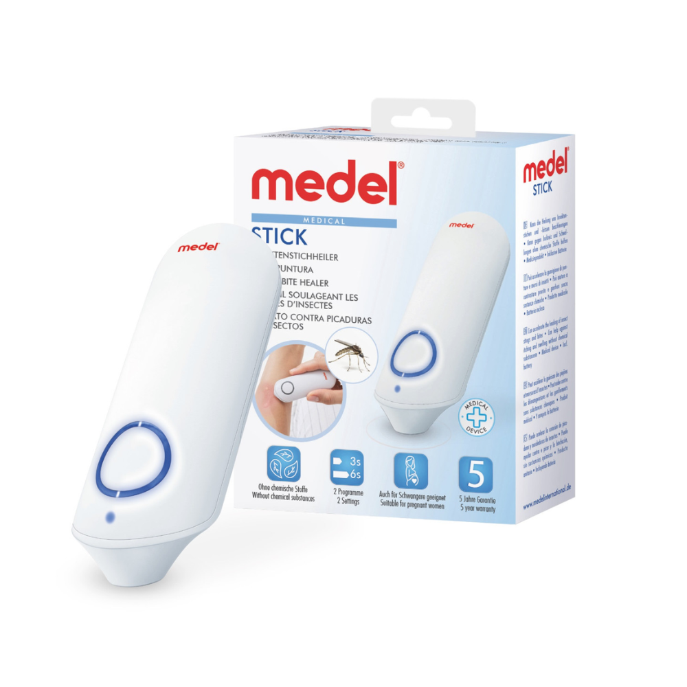 A white Beurer medel® stick insect bite healer (1 piece) from Beurer GmbH with a blue circular light stands next to its multilingual packaging - ideal for treating insect bites and relieving itching.