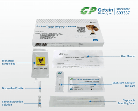 Ein Bild eines Altruan Getein Einstufiger Test für SARS-CoV-2 Antigen-Kits zeigt seine Komponenten: ein Benutzerhandbuch, eine Testkarte, einen Beutel für Biogefährdungsproben, eine Einwegpipette und eine Probenextraktionslösung. Jeder Teil ist deutlich mit Pfeilen gekennzeichnet, um Übersichtlichkeit und Benutzerfreundlichkeit zu gewährleisten.