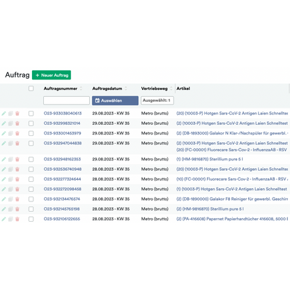 A screenshot of the Altruan computer interface displaying a list of orders in tabular form. Each entry shows order number, date, sales channel, and item description with symbols for additional settings and actions.