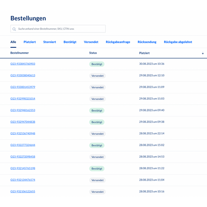 A screenshot of the backend order management system Altruan MetroSync: Metro Market to Weclapp order processing, displaying a table with order numbers and status updates. Each row contains order number, status, SKU, creation date, and time. Most statuses show