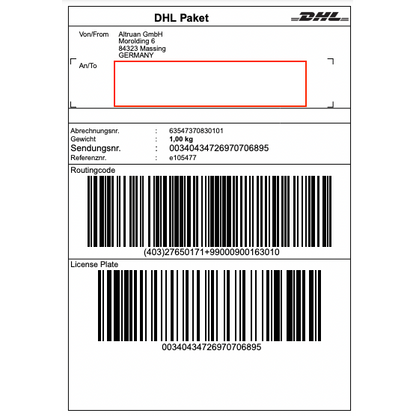 A DHL label from Altruan GmbH (Morolding 6, 84323 Massing, Germany) contains barcodes and a weight of 1.00 kg with the tracking number 00340434276970706895. The recipient address is empty for updates via the PackMaster App: Weclapp Logistics Packing App to improve the efficiency of shipping labels.
