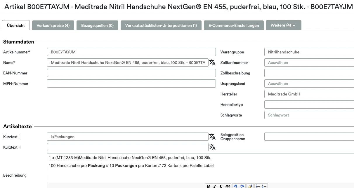 Screenshot einer UnitTable Sync: Weclapp Verpackungseinheiten und Stücklistengenerator-Seite für Meditrade Nitrilhandschuhe NextGen EN 455, auf der Details wie Artikelname, Beschreibung, Verpackungseinheiten und Lieferanteninformationen in Altruan angezeigt werden.