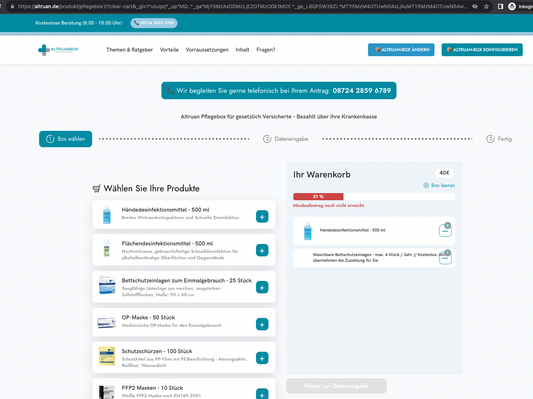 Screenshot einer deutschen Online-Einkaufswagen-Webseite, auf der Produkte wie Desinfektionslösung, eine Art Maske und Altruan CareBox Inco angezeigt werden. Auf der Seite sind Produktmengen und Preise angegeben.