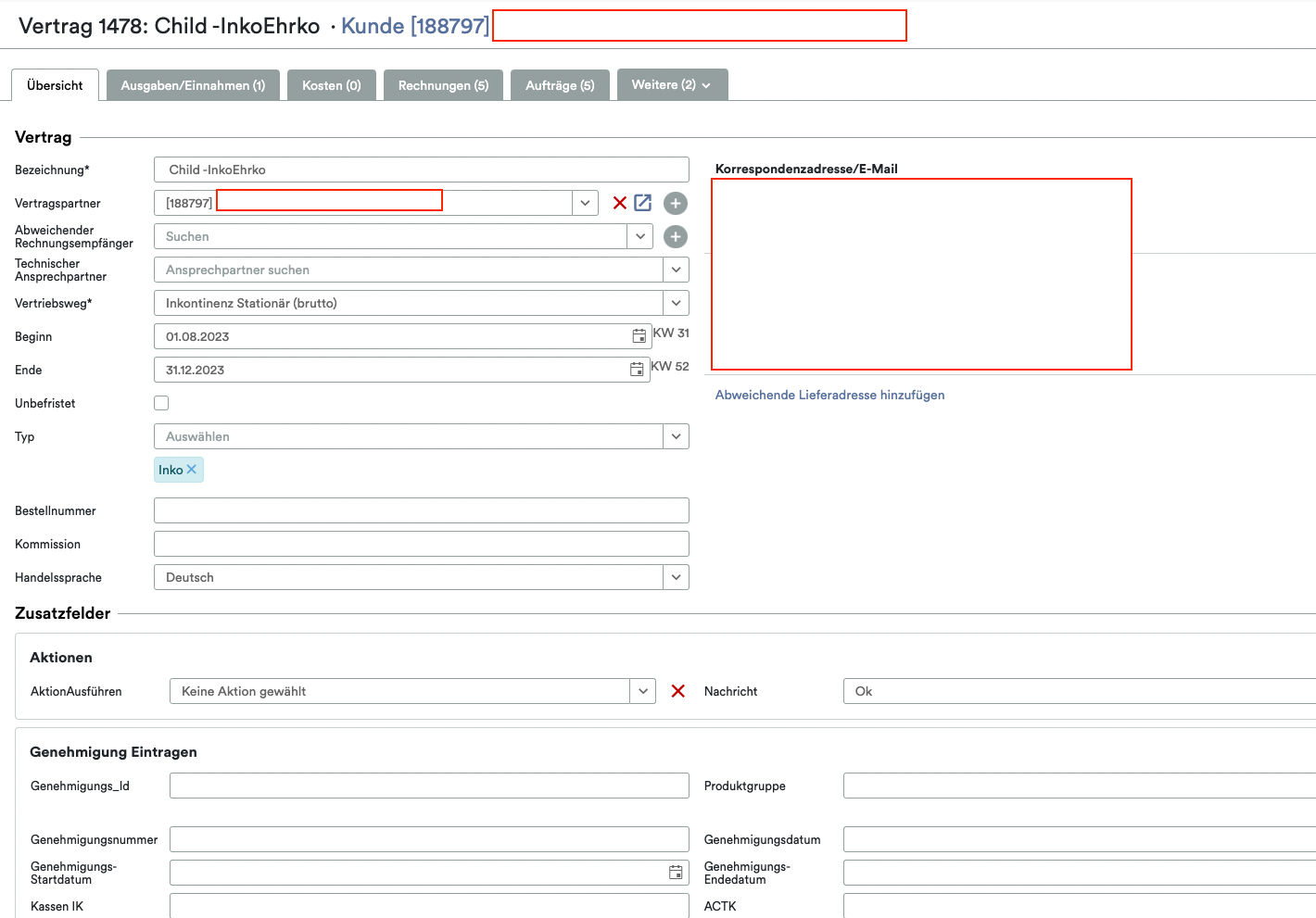 Screenshot einer deutschen Softwareoberfläche für die Kundenverwaltung in einem Altruan CareBox Inco-System, die verschiedene Felder wie Registerkarten mit Kundeninformationen, Suchfelder usw. zeigt.