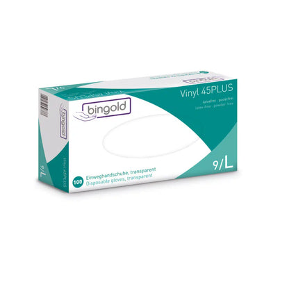 A box of Bingold Vinyl 45PLUS disposable gloves, size 9/L, from BINGOLD GmbH + Co. KG. The packaging is predominantly white with green and blue accents, labeled as a latex alternative and powder-free. It contains 100 transparent vinyl gloves.