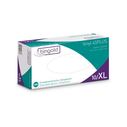 A box of Bingold Vinyl 45PLUS disposable gloves in size XL, with white-blue-green packaging and purple accents, promotes these gloves as a latex and powder-free alternative to latex. The package contains 100 transparent gloves.