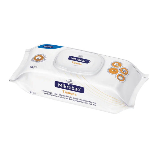 Eine Packung BODE Mikrobac® Tissues Flächendesinfektionstücher mit der Aufschrift „alkoholfrei“ enthält 80 Tücher. Die Verpackung ist überwiegend weiß mit blau und orange und wird von der Paul Hartmann AG hergestellt.