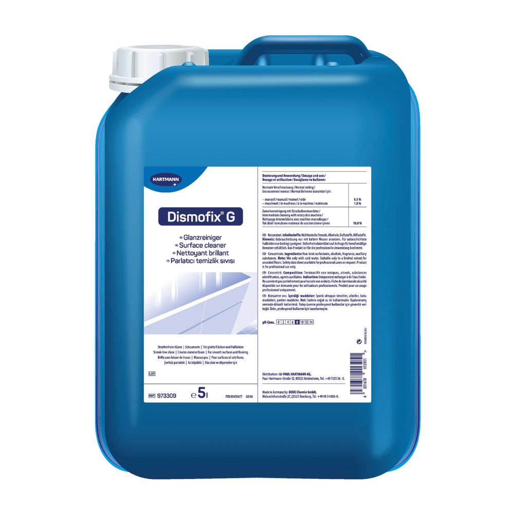 Ein blauer 5-Liter-Kunststoffkanister Bode Dismofix® G Glanzreiniger, versehen mit einem weißen Etikett mit Produktinformationen und Anwendungshinweisen zur streifenfreien Reinigung. (Paul Hartmann AG)