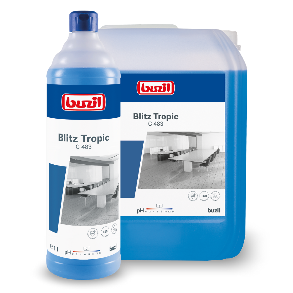 Displayed are a large and a small bottle of Buzil Blitz Tropic G 483 fragrance-intensive universal cleaner from BUZIL-WERK Wagner GmbH & Co. KG. These bottles, adorned with a blue-white label, highlight a cleanroom image alongside the product name. This material-friendly universal cleaner is praised for its tropical scent and offers a refreshing cleaning experience.