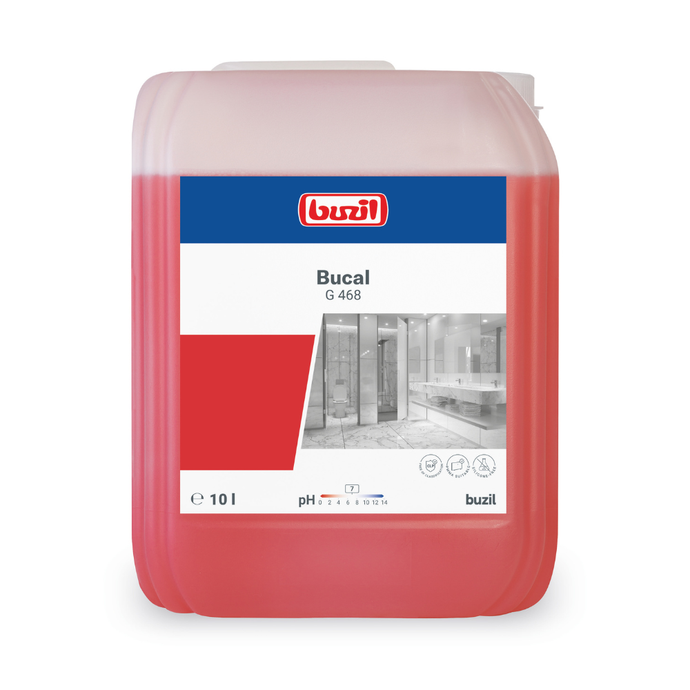 Ein 10-Liter-Behälter Buzil Bucal G 468 Säurefreier Sanitärunterhaltsreiniger von BUZIL-WERK Wagner GmbH & Co. KG, bekannt für seine säurefreie Formel und seinen Frischeduft. Der Behälter ist rechteckig, hat ein rotes und transparentes Design und ein Etikett auf der Vorderseite, auf dem der Markenname, Produktdetails und ein Bild eines sauberen Innenraums zu sehen sind.