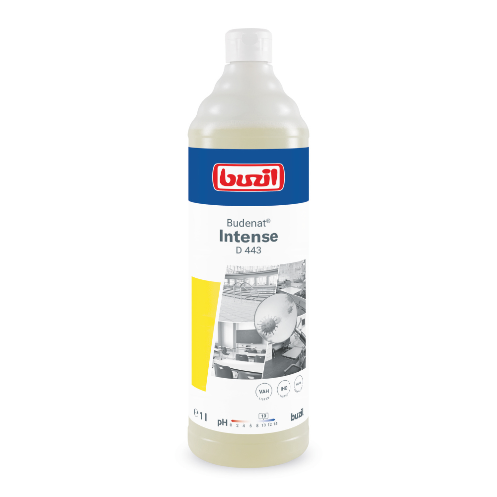 Eine 1-Liter-Flasche Buzil Budenat® Intense D 443 Hocheffizienter Desinfektionsreiniger von BUZIL-WERK Wagner GmbH & Co. KG ist mit blau-rotem Branding und Bildern versehen, die saubere Umgebungen repräsentieren. Sie enthält pH-Angaben und Gebrauchsanweisungen und ist damit ideal für HACCP-Konzept-Anwendungen, um eine bakterizide Wirksamkeit in professionellen Umgebungen sicherzustellen.