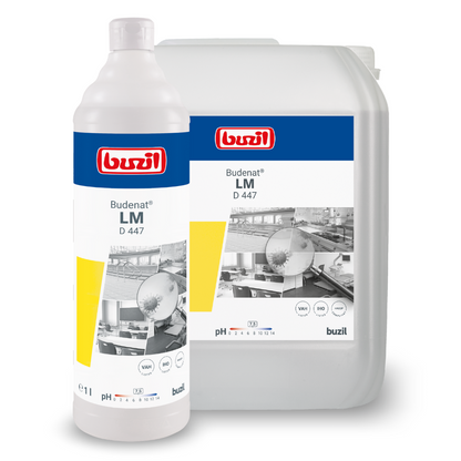 The image shows two containers of cleaning products from BUZIL-WERK Wagner GmbH & Co. KG with the label Buzil Budenat® LM D 447 Material-Friendly Disinfectant. The label depicts industrial and kitchen environments, with both a smaller bottle and a larger jug indicating a pH value of 7.5. This gentle disinfectant offers high material compatibility for sensitive surfaces.