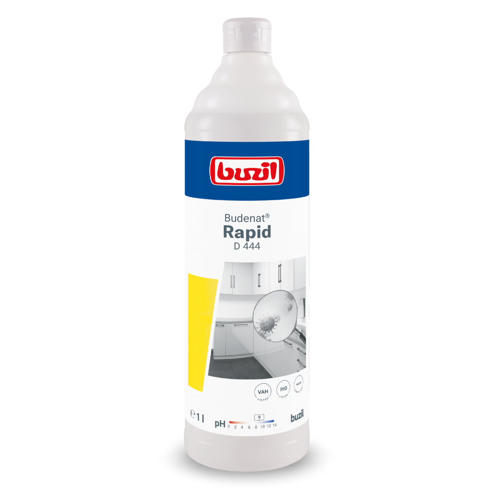 Eine weiße Kunststoffflasche mit der Aufschrift „Buzil Budenat® Rapid D 444 Gebrauchsfertiges alkoholisches Schnelldesinfektionsmittel | Flasche (1 l)“ ist prominent platziert, mit einem blau-weißen Design mit einem sauberen Küchenfoto und gelben Akzenten. Dieses Produkt der BUZIL-WERK Wagner GmbH & Co. KG ist ideal für die hygienische Desinfektion und klar mit Produktinformationen und Symbolen gekennzeichnet.