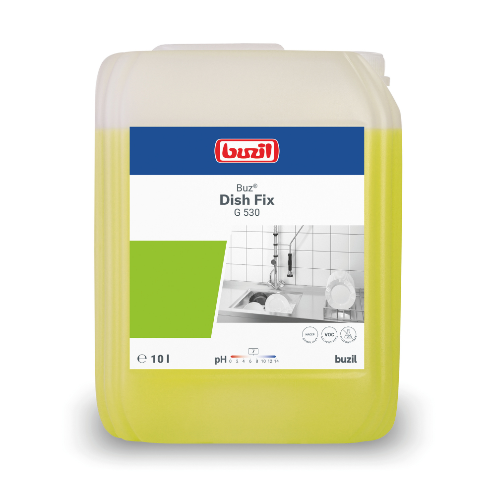 A 10-liter container of Buzil Buz® Dish Fix G 530 hand dishwashing detergent and neutral cleaner from BUZIL-WERK Wagner GmbH & Co. KG, featuring a partially green-blue label with the depiction of a kitchen sink, plates, and the brand logo; the pH value is displayed using a color scale.