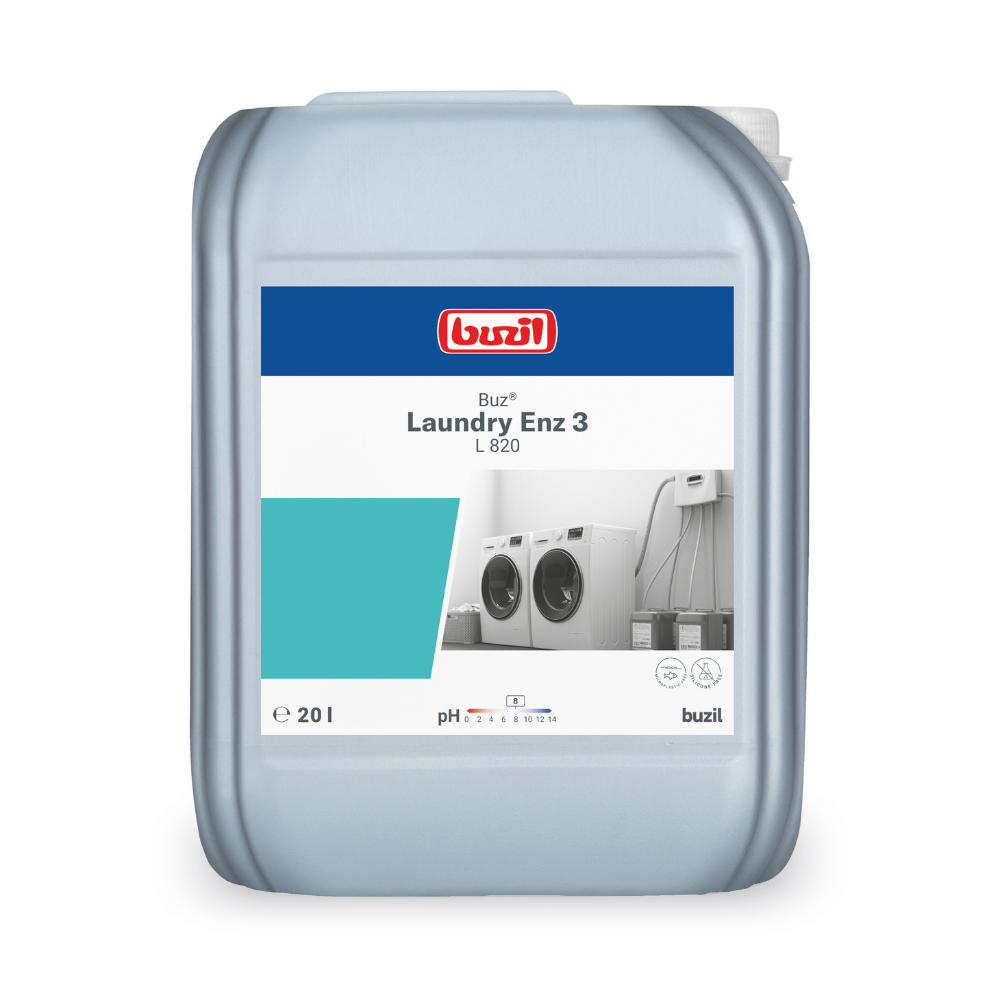 A 20-liter container with Buzil Buz® Laundry Enz 3 L 820, an enzyme-containing liquid detergent concentrate for professional users. The label shows images of two washing machines and graphics of the pH scale. The container has a spout on top and the brand name BUZIL-WERK Wagner GmbH & Co. KG is clearly visible on the label.
