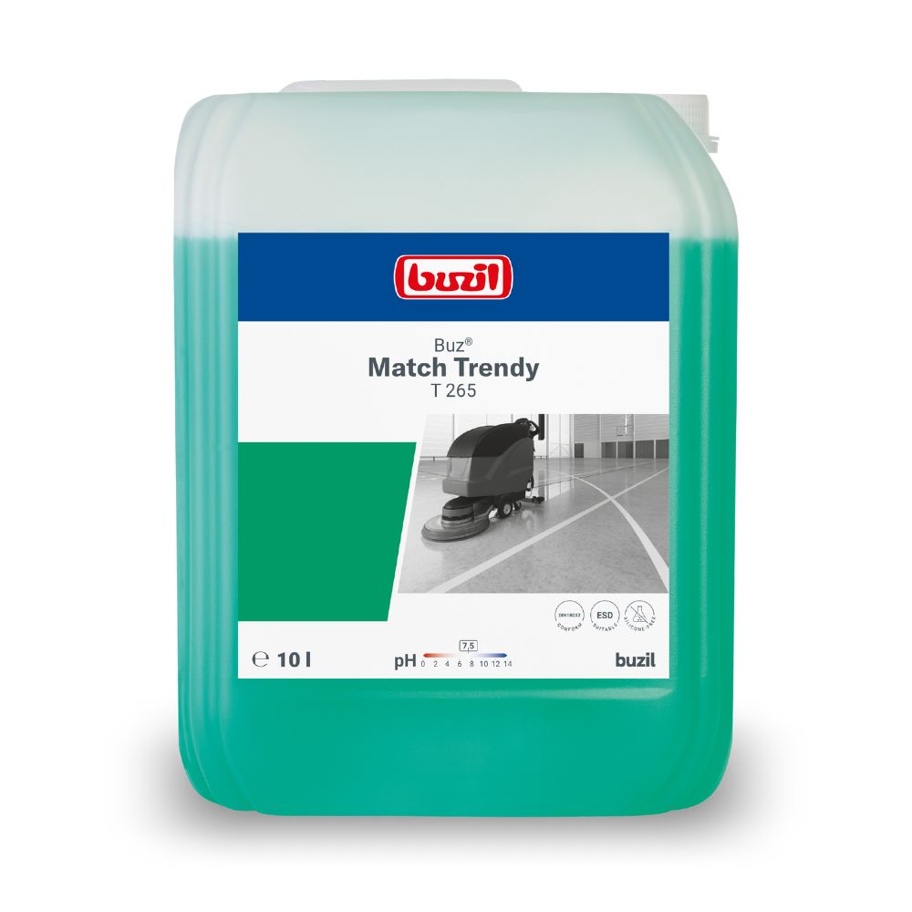 A 10-liter canister of Buzil Buz® Match Trendy T 265 Neutral Machine Cleaner from BUZIL-WERK Wagner GmbH & Co. KG is equipped with a green label featuring environmental symbols, a pH indicator, and cleaning instructions. The illustration of a floor cleaning machine emphasizes the high material compatibility for use as a neutral machine cleaner.