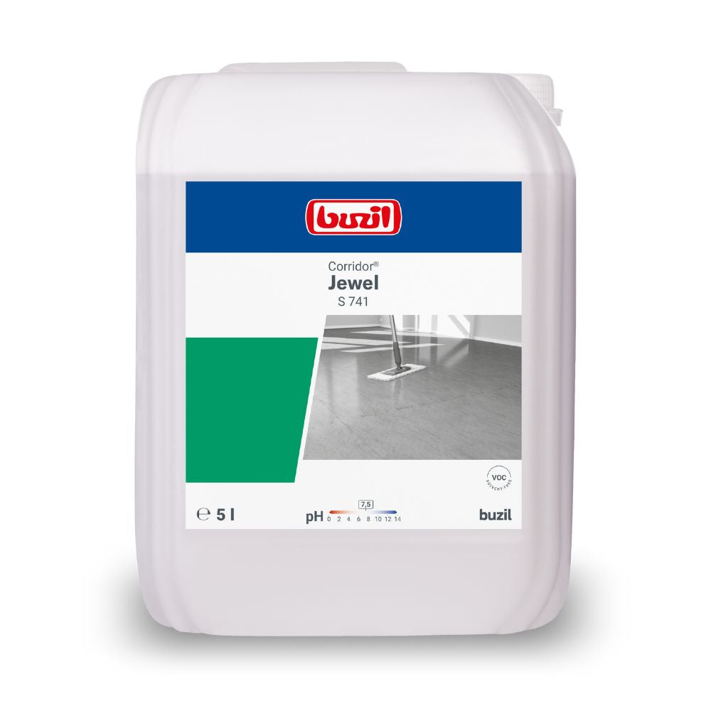 Pictured is a 5-liter canister of the floor cleaner Buzil Corridor® Jewel S 741 high-performance dispersion from BUZIL-WERK Wagner GmbH & Co. KG. The label shows the brand logo, the product name, and an image of a shiny floor. It indicates a pH value of 7.8 and features a PVC suitability symbol, making it ideal for floor coating purposes.