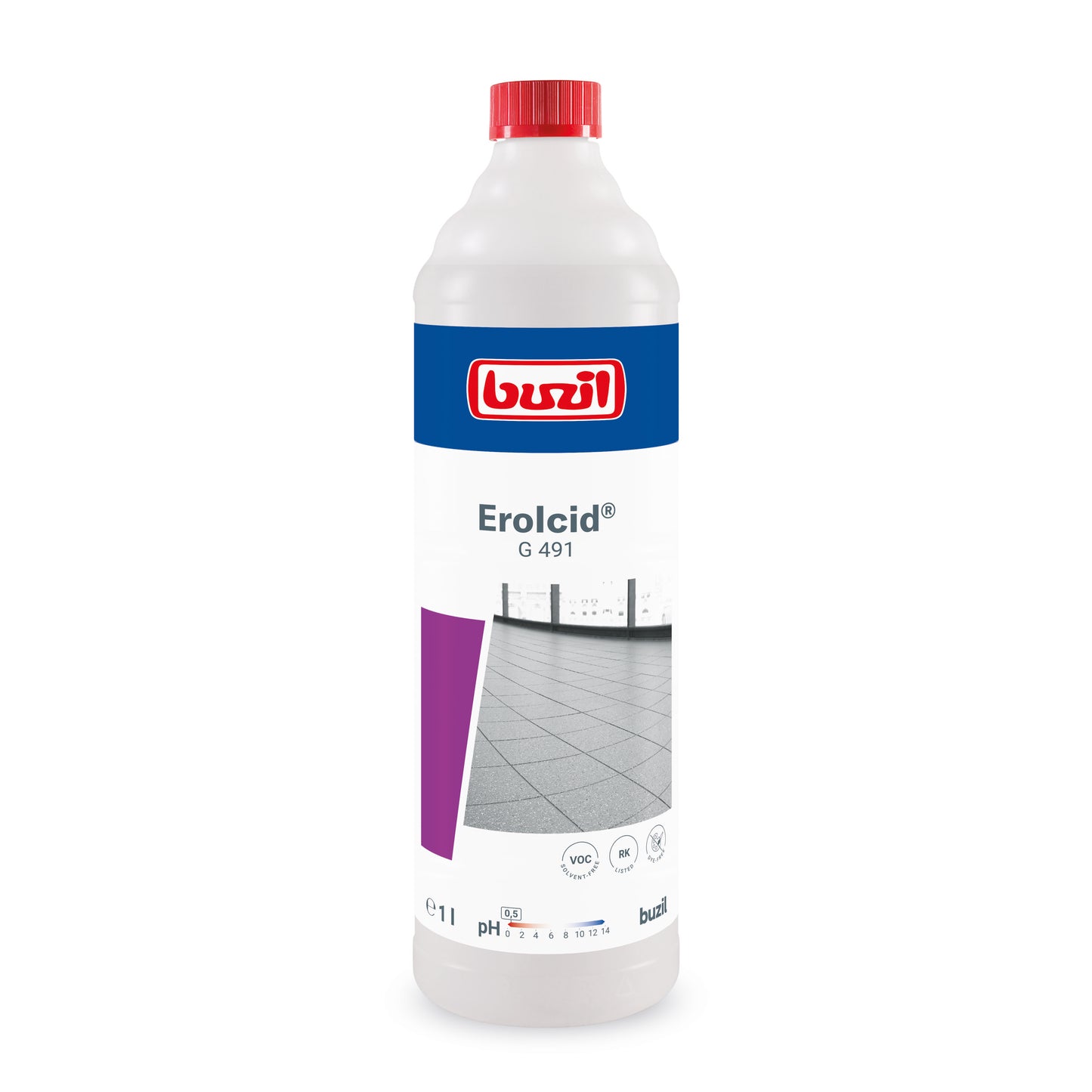 Buzil Erolcid® G 491 from BUZIL-WERK Wagner GmbH & Co. KG is a special acidic cleaner for porcelain stoneware tiles. It has a citrus fruit scent and features a striking red cap and a blue-red logo on the packaging, with an image of porcelain stoneware tiles on the label. This 1-liter solution also has a pH value to ensure effective cleaning.