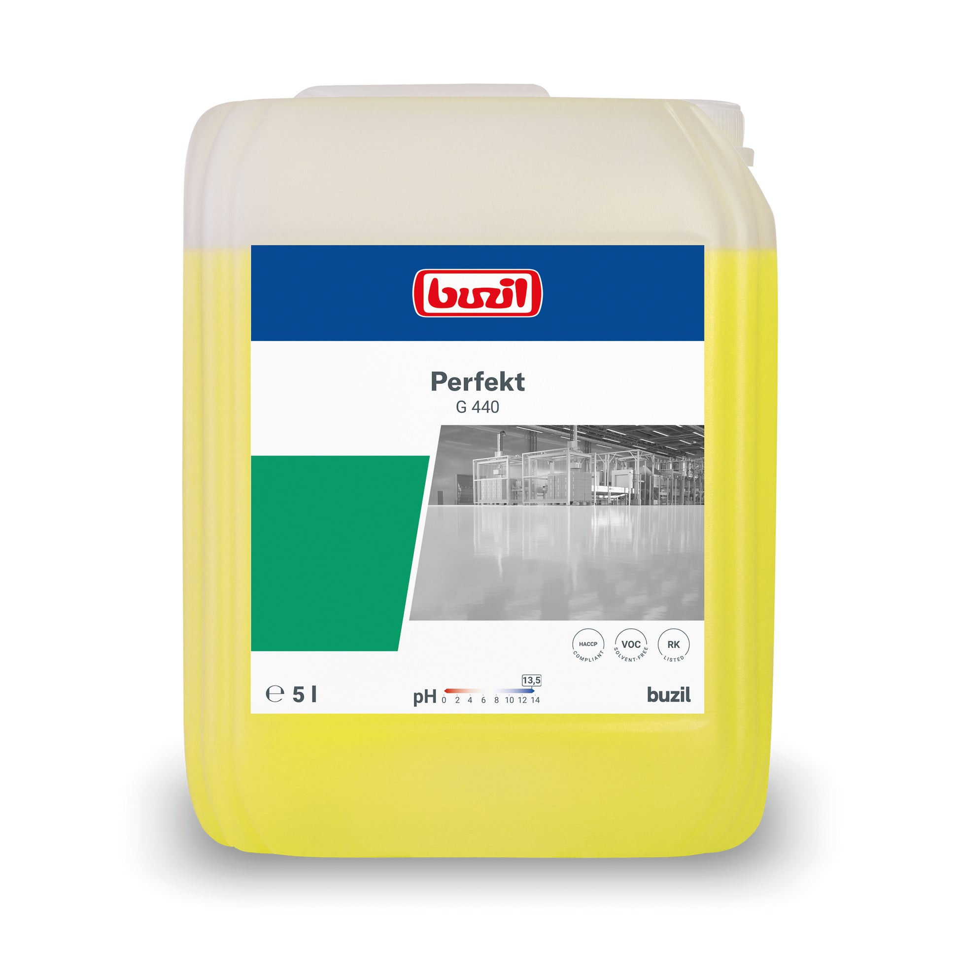 Ein 5-Liter-Behälter Buzil Perfekt G 440 Alkalischer Intensiv-Kraftreiniger Bodenreiniger, hergestellt von BUZIL-WERK Wagner GmbH & Co. KG. Das Etikett hebt den Produktnamen, das Volumen und ein Graustufenbild einer industriellen Umgebung hervor. Dieser Bodenreiniger-Behälter ist gelb mit einem weiß-grünen Etikett und ideal für die Bearbeitung hartnäckiger Oberflächen.