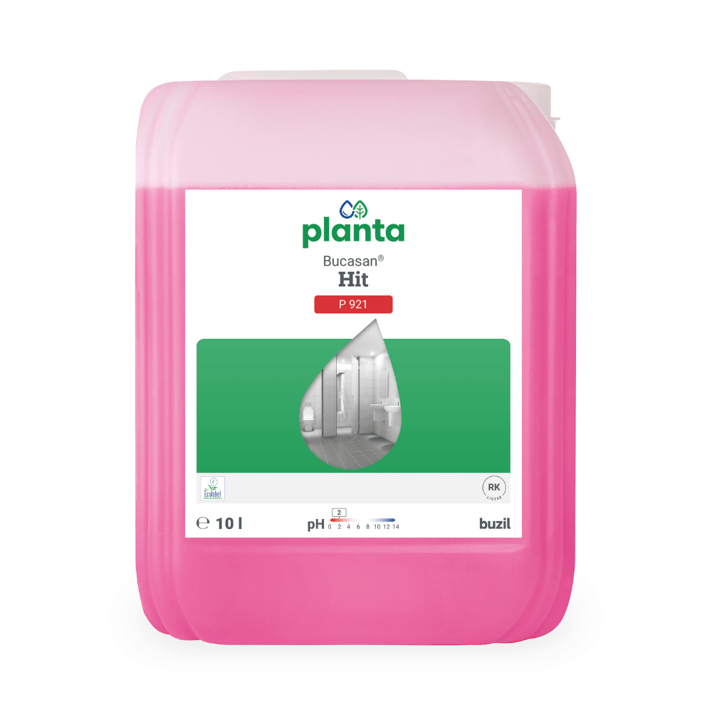 A pink 10-liter container of Buzil Planta Bucasan® Hit P 921, an eco-friendly bathroom cleaner, bears a green-and-white label featuring a water droplet and a picture of a bathroom. The pH-1 formula ensures a streak-free shine. The brand name BUZIL-WERK Wagner GmbH & Co. KG is shown in the lower right corner.