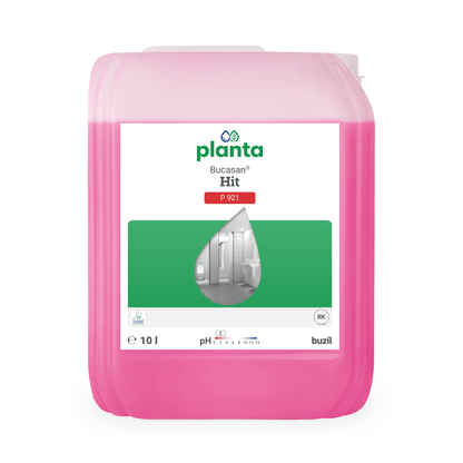 A pink 10-liter container of Buzil Planta Bucasan® Hit P 921, an eco-friendly bathroom cleaner, bears a green-and-white label featuring a water droplet and a picture of a bathroom. The pH-1 formula ensures a streak-free shine. The brand name BUZIL-WERK Wagner GmbH & Co. KG is shown in the lower right corner.