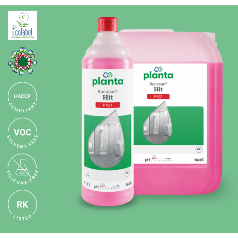 The image shows a pink bottle and a larger pink container of Buzil Planta Bucasan® Hit P 921 Ecological Sanitary Maintenance Cleaner, a product of BUZIL-WERK Wagner GmbH & Co. KG. It is known for its streak-free shine and meets HACCP standards. In addition, it is free of VOCs and silicone and proudly bears the EU Ecolabel as well as symbols highlighting its eco-friendly properties.