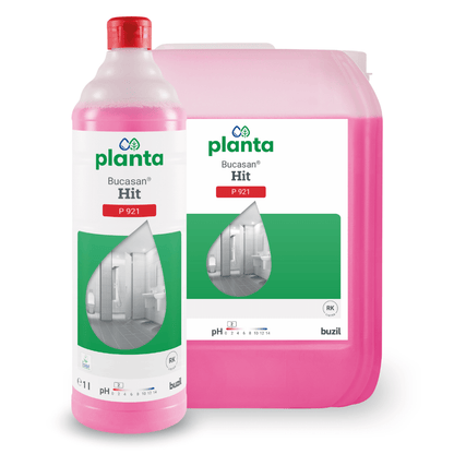 A pink bottle and a container of Buzil Planta Bucasan® Hit P 921 Eco-Friendly Sanitary Maintenance Cleaner by BUZIL-WERK Wagner GmbH & Co. KG, with labels featuring images of a spotless, streak-free bathroom. This effective limescale remover solution has a pH of 2 for superior cleanliness.