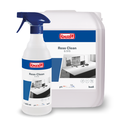 Two containers of Buzil Reso Clean G 515 Ready-to-Use Spray Cleaner from BUZIL-WERK Wagner GmbH & Co. KG are shown, emphasizing their powerful cleanliness. The smaller one is a spray bottle and the larger one is a refill container. Both have blue labels with product details and branding for a streak-free shine.