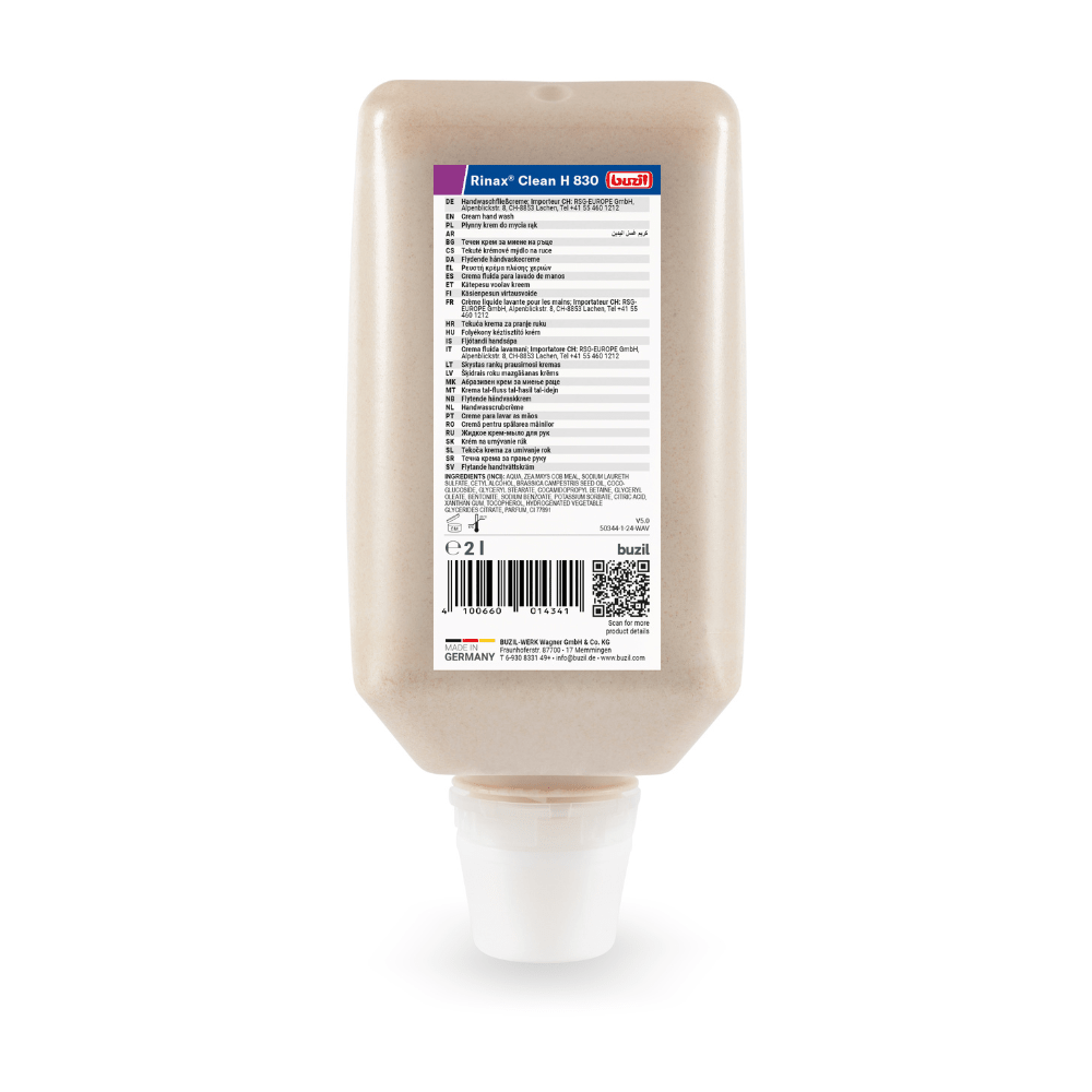 The Buzil Rinax® Clean H 830 hand wash lotion from BUZIL-WERK Wagner GmbH & Co. KG is a rectangular dispenser bottle with hand cleaner for gentle cleaning. It is equipped with a white cap at the bottom and features a label displaying text and a barcode. Upright with the cap down, it stands for professional hygiene.