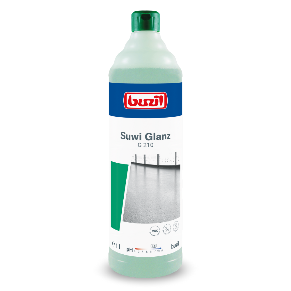 We present the floor cleaner Buzil Suwi Glanz G 210 Wischpflege from BUZIL-WERK Wagner GmbH & Co. KG, available in a 1-liter bottle. This floor cleaner is specially designed for cleaning maintenance and features packaging with a pH indicator and a VOC symbol as well as cleaning images. The light green bottle with a dark green cap is specially designed for the exceptional care of surfaces made of non-water-soluble polymers and waxes.