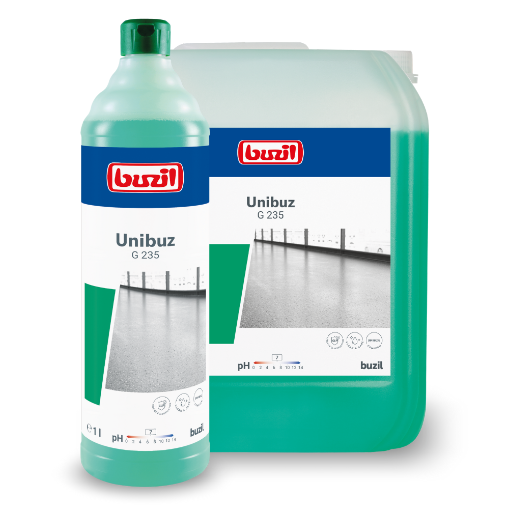 On a large green container and a green bottle, both labeled "Buzil Unibuz G 235 Floor Care Based on Water-Soluble Polymers" by BUZIL-WERK Wagner GmbH & Co. KG, there is a photo of a spotless floor. The accompanying text emphasizes pH neutrality and "streak-free cleanliness," with symbols indicating enhanced cleaning properties through water-soluble polymers.