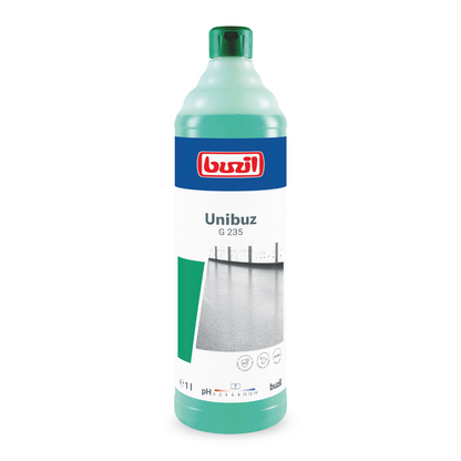 Image of a green bottle labeled "Buzil Unibuz G 235 Floor Care Based on Water-Soluble Polymers" by BUZIL-WERK Wagner GmbH & Co. KG, showing a picture of a clean, shiny floor achieved with streak-free cleanliness. The matching green bottle cap and the 1-liter capacity marking are pictured below.