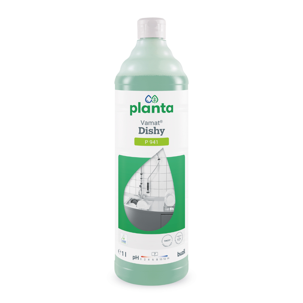 A bottle of Buzil Vamat® Dishy P 941 Ecological Dishwashing Liquid and Neutral Cleaner is shown, highlighting its eco-friendly properties. The white label with green accents features an image of a kitchen sink and a faucet. It contains 1 liter and displays information about the pH range as well as the brand name BUZIL-WERK Wagner GmbH & Co. KG at the bottom edge.