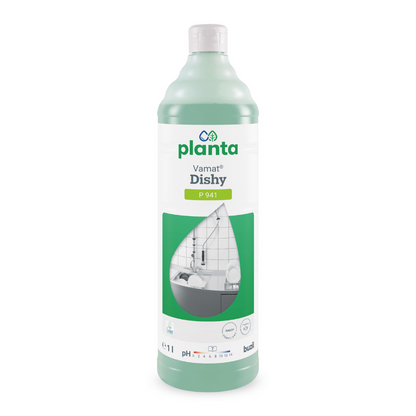 A bottle of Buzil Vamat® Dishy P 941 Ecological Dishwashing Liquid and Neutral Cleaner is shown, highlighting its eco-friendly properties. The white label with green accents features an image of a kitchen sink and a faucet. It contains 1 liter and displays information about the pH range as well as the brand name BUZIL-WERK Wagner GmbH & Co. KG at the bottom edge.