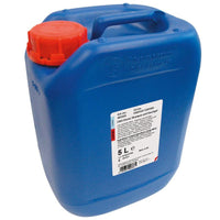 The CWS shower gel comes in a blue 5-liter canister with a handle, a red screw-on cap, and a white label featuring text and a barcode—perfect for storing or refilling shower gel.